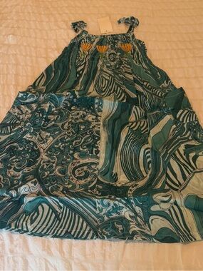 Raj Kids Teal Boho Print Smocked Dress Tie Strap 5-6Y
